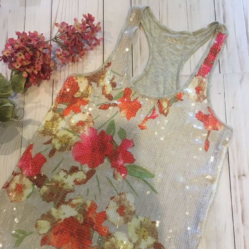 Express Gray Tank with Sequin Floral Design Sz-XS